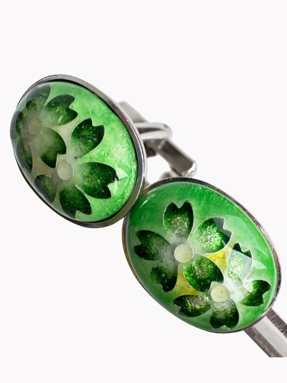Vintage Cloisonne Enamel Cufflinks Green Floral Oval Silver Tone Mens Accessory